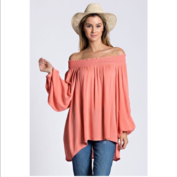 Boutique Tops - Coral Off The Shoulder Tunic